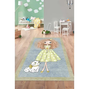 Napoli Home Baskılı Çizgi Film Kedi Ve Kız Karakter Desenli Yıkanabilir Kaymaz Çocuk Halısı, Çocuk-80-Sarı,
