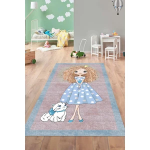 Napoli Home Baskılı Çizgi Film Kedi Ve Kız Karakter Desenli Yıkanabilir Kaymaz Çocuk Halısı, Çocuk-80-Turkuaz,