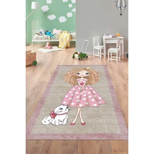 Napoli Home Baskılı Çizgi Film Kedi Ve Kız Karakter Desenli Yıkanabilir Kaymaz Çocuk Halısı, Çocuk-80-Pembe,