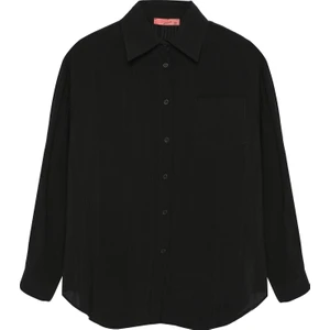 Dokulu Cepli Oversize Basic Gömlek Siyah