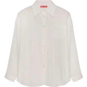 Dokulu Cepli Oversize Basic Gömlek Ekru