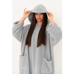 By Sezer Özer Tesettür Giyim Kapişonlu Fakir Kol Büyük Beden Panço Çift Taraflı Polar Bol Kesim