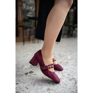 Betina Bordo Süet Kalın Topuklu Çift Toka Detaylı Kalın Topuklu Kadın Topuklu Ayakkabı