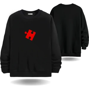 Puzzle Kalp Görselli Sevgililer Günü Bisiklet  Yaka Erkek Slimfit Sweatshirt 7013E