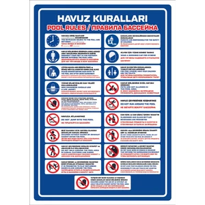 Uyarı Yönlendirme Levhaları " Havuz Kuralları Pool Rules 3 Farklı Dilde" 60X78CM 5 mm Dekota