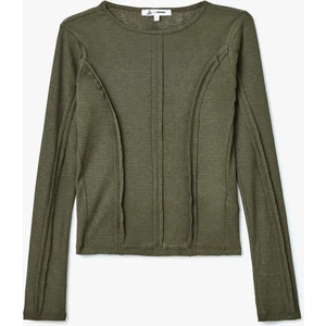 Nervür Detaylı Kayık Yaka Uzun Kollu Slim Fit Tişört