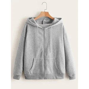 Unisex Kapüşonlu Fermuarlı Cepli Ince Penye Gri Basic Sweatshırt Hırka