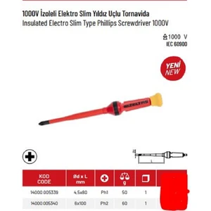 Izoleli Elektroslim Yıldız Uçlu Tornavida Ph1 4,5X80 1000V