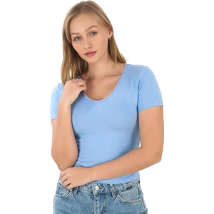 V Yaka Slim Fit Crop Tişört-Mavi