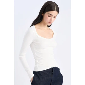 Slim Fit Dar Kesim Basic Düz Fitilli Kaşkorse Uzun Kollu Beyaz Tişört E5768AX25SP