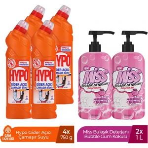 Gider Açıcı Çamaşır Suyu Çam Tazeliği 750 gr x 4 + Miss Bulaşık Deterjanı Bubble 1 Lt x2