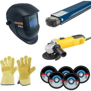 5'li Kaynakçı Set - Avuç Taşlama + Kaynak Maskesi + Elektrot + Eldiven + Kesici Disk