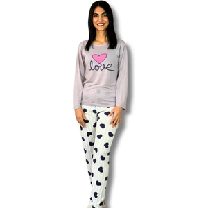 Kadın Love Motifli Kalp Desenli Pijama Takımı (Bej-Beyaz)