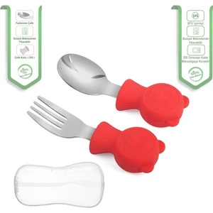 Polo Videng Jojobebek Ayıcık Figürlü Sarı Renkli, Silikon Saplı Paslanmaz Çelik Uçlu Çatal Kaşık Takımı ve Saklama Kutusu (Yurt Dışından)