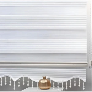 Beyaz Piliseli Boncuklu Kumaş Zebra Stor Perde