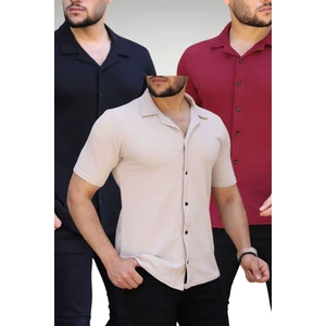 Erkek Siyah Bordo Bej Örme Kısa Kollu Gömlek 3lü Set