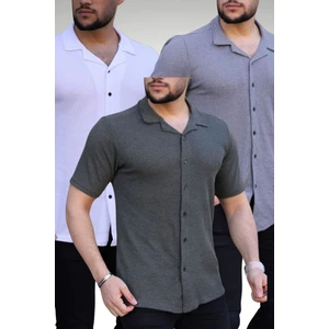 Erkek Beyaz Haki Gri Örme Kısa Kollu Gömlek 3lü Set