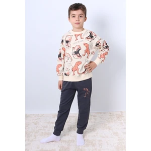 Erkek Çocuk Eşofman Takımı Dinozor Baskılı Ribanalı F5