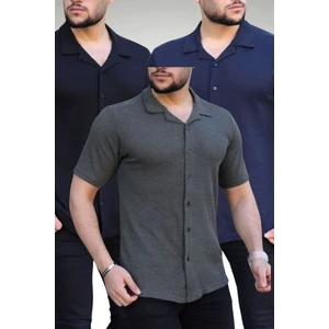 Erkek Siyah Haki Lacivert Örme Kısa Kollu Gömlek 3lü Set