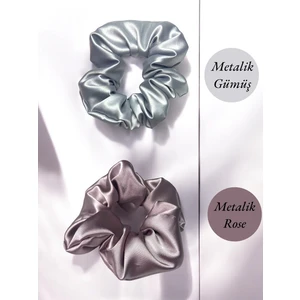 Handmade Metalik Rose & Gümüş Saten Lastik Toka Seti