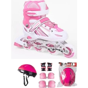 Kız Çocuk Pembe Çift Sıra Ayarlanabilir Alıştırma Pateni Kask ve Dizlik Seti