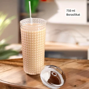 Kapaklı ve Cam Pipetli 550ML Cam Bardak – Borosilikat Cam, Yeniden Kullanılabilir, Smoothie, Buzlu Kahve, Çay ve Soda Için Şık Cam Bardak