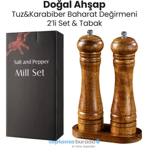 2li Set Baharat Öğütücü Premium Doğal Ahşap Değirmen Karabiber Tuz Kahve Tuzluk Biberlik 2li Set Tabaklı 22CM