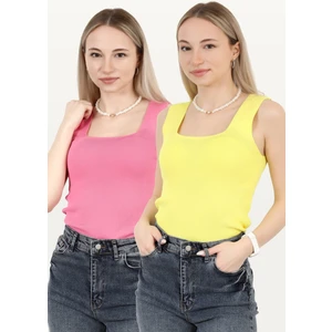 Kadın 2`li Kare Yaka Kalın Askılı Triko Bluz Sarı Pembe - 2000