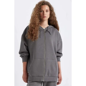 Oversize Geniş Kalıp Kapüşonlu Cepli Basic Düz Fermuarlı Sweatshirt V4233AZ24WN