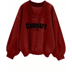 Kadın 3 Iplik Kırmızı Comfort In Paris Baskılı V Yaka Oversize Sweatshirt