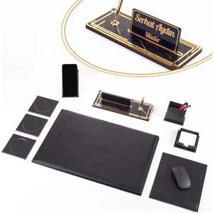 Arvena Ofis Siyah Deri Sümen Takımı ve Ahşap Masa Isimliği Ofis Masa Sümen Seti ve Isimlik