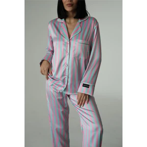 Strisce Rosa Menta Saten Uzun Pijama Takımı