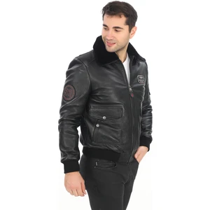 Erkek Yakası Hakiki Kürklü Pilot Model Jumbo Hakiki Deri Mont