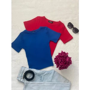 Kadın 2 Li Adet Fitilli Pamuklu Bisiklet Yaka Örme Kaşkorse Crop T-Shirt