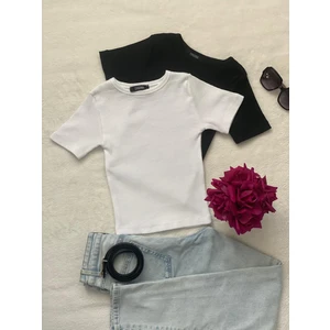 Kadın 2 Li Adet Fitilli Pamuklu Bisiklet Yaka Örme Kaşkorse Crop T-Shirt