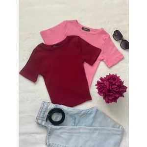 Kadın 2 Li Adet Fitilli Pamuklu Bisiklet Yaka Örme Kaşkorse Crop T-Shirt