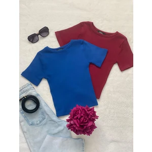 Kadın 2 Li Adet Fitilli Pamuklu Bisiklet Yaka Örme Kaşkorse Crop T-Shirt