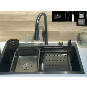 High Design Teknolojik Eviye Seti 2023 Model Siyah Çelik Rengi 4 Fonksiyonlu Eviye Bataryası Dahil