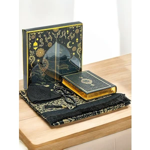 Siyah Çeyizlik Damat Bohçasına Uygun Termo Deri Kuranı Kerim Hediyelik Seccade Seti