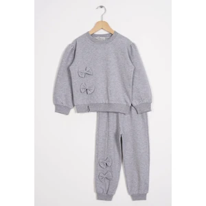 Önü Fiyonklu Gri Melanj Renk Kız Çocuk Esofman Takım