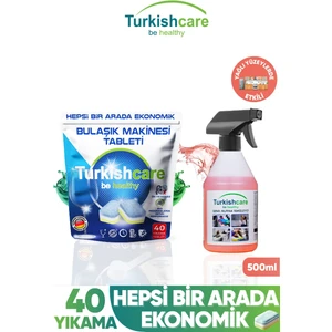 Hepsi Bir Arada 40 Yıkama Bulaşık Deterjanı Premium Tablet + Mutfak ve Yüzey Temizleyici Sprey 500 ml