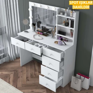 BJ127 Hollywood Işıklı Aynalı Kulis Makyaj Masası 6 Çekmeceli Takı Düzenleyici Beyaz