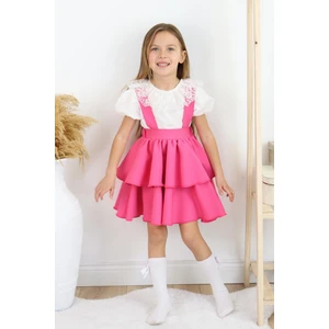 Parla Kids Kız Çocuk Helen Pembe Askılı Kat Kat Bağlama Jile Elbise Dantel Detay Ekru Kısa Kollu Bluz Takım TKM-0181.3