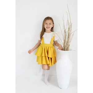 Parla Kids Kız Çocuk Helen Sarı Askılı Kat Kat Bağlama Jile Elbise Dantel Detay Ekru Kısa Kollu Bluz Takım TKM-0181.4