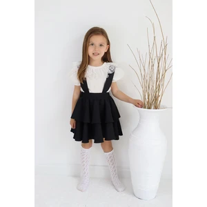 Parla Kids Kız Çocuk Helen Siyah Askılı Kat Kat Bağlama Jile Elbise Dantel Detay Ekru Kısa Kollu Bluz Takım TKM-0181.2