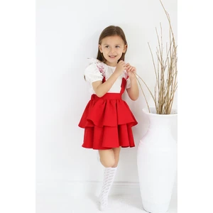 Parla Kids Kız Çocuk Helen Kırmızı Askılı Kat Kat Bağlama Jile Elbise Dantel Detay Ekru Kısa Kollu Bluz Takım TKM-0181.3