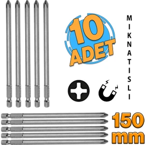 Mıknatıslı Yıldız Ph2 Bits Uç 150 mm 10'lu Set Kutulu Manyetik 1/4" Matkap Ucu 15 cm Uzunluk