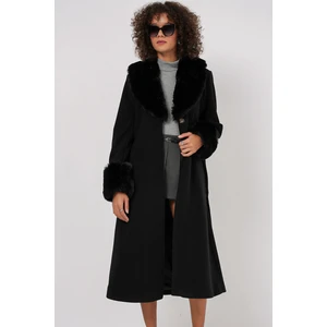 9149 Kürk Detay Uzun Kaban - Siyah