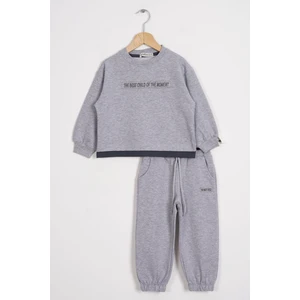 Yazı Baskılı Etek Ucu Garnili Gri Renk Erkek Çocuk Eşofman Takımı