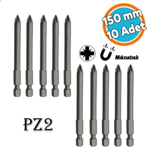 Mıknatıslı Pozidriv Bits Uç Pz2 150 mm 10'lu Set Kutulu Manyetik 1/4" Matkap Ucu Vidalama 15 cm